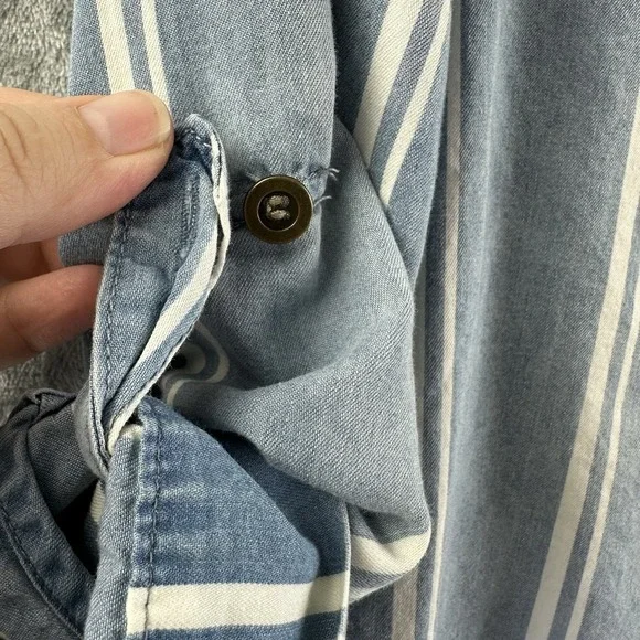 AUW Shirt Dress Women's 10 Blue Striped Chambray Tie Waist Hi Lo Hem - Picture 9 of 10